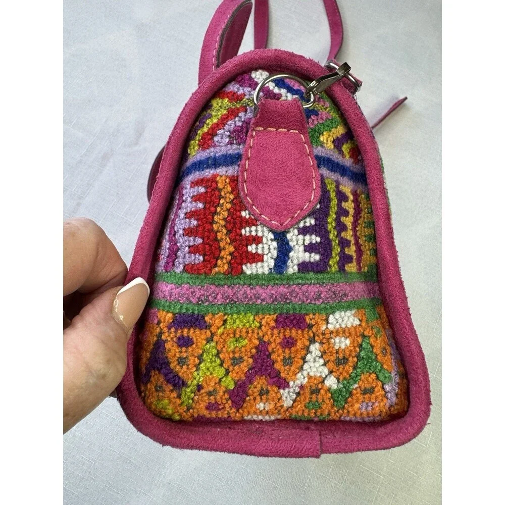 Meda Guatemala Huipil Embroidered Handbag Crossbody Purse Suede Leather Boho - Picture 7 of 14